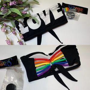 Sirena LOVE Bandeau Swim Top Removable Strap XS Pride Rainbow Lined Black NWT